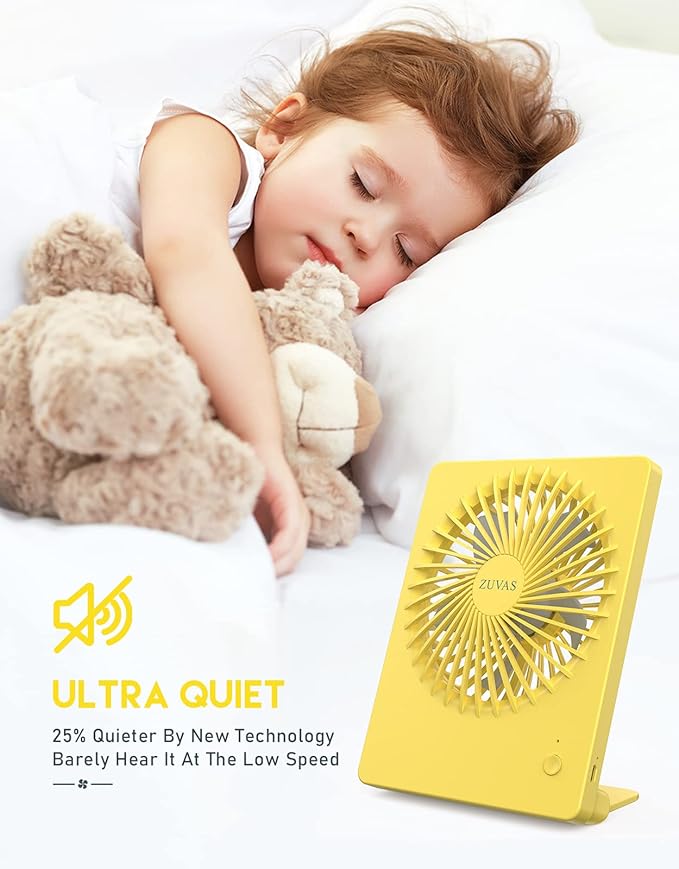 Zuvas Desk Fan Battery Operated Fan Rechargeable 180°Tilt Folding Personal Fan Ultra Quiet Small Portable 3 Speed Adjustable Strong Wind Fan For Office Bedroom Home Desktop Camping (Yellow)