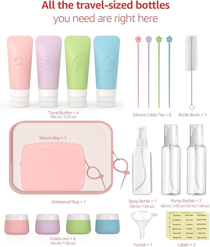 23-Piece All-in-One Silicone Travel Bottles Set – TSA Approved Leakproof Toiletry Kit with Double Bags, Flat Easy-Squeeze Bottles with Tactile Icons, Cream Jars, Pump & Spray, Cleaning Brush