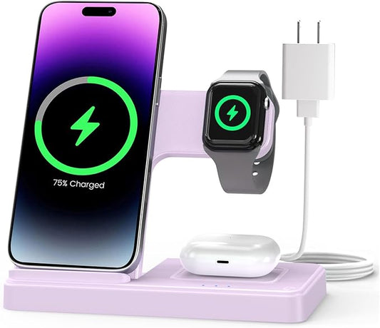 Wireless Charger Stand Charging Station: 3 in 1 Charger Multiple Devices for Apple iPhone 17 16e 16 15 14 Pro Max 13 12 11 for Watch 11 10 9 8 7 6 5 4 3 2 SE and Ultra & Airpods Series, Light Violet