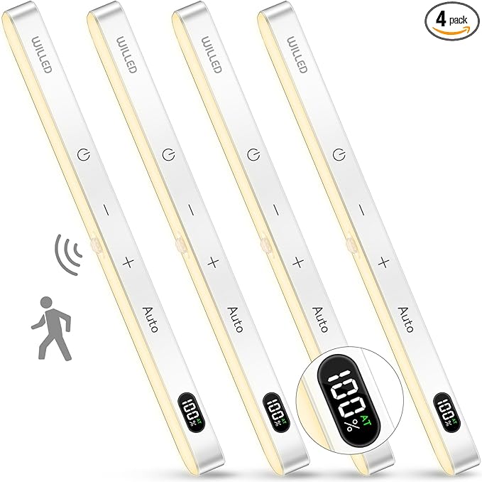 WILLED 3000K Closet Lights Motion Sensored, Battery Display, 60 LED Touch Light Bar, Motion Sensor Light Indoor, Under Cabinet Lights Rechargeable, Stick on Light for Closet, Kitchen, Hallway, 4 Pack