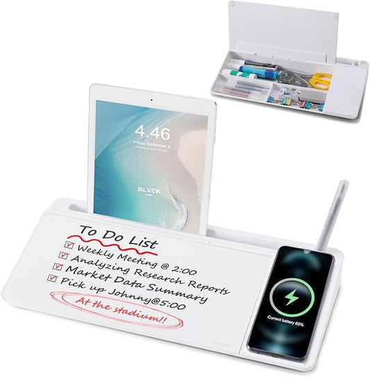 Small Glass Desktop Whiteboard Dry-Erase-Board - Computer Keyboard Stand with Wireless Charger White Board Surface Pad with Drawer, Desk Organizers with Accessories for Office, Home, School Supplies