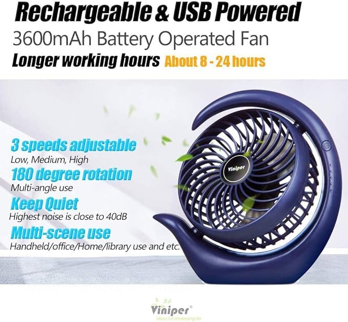 Viniper Portable Rechargeable Fan, Small Desk Fan : 3 Speeds & about 8-24 Hours Longer Working, 180 Rotation, Portable Desktop Fan Small but Mighty, Strong Wind (Blue, Light Black Blade) 6.2 INCH