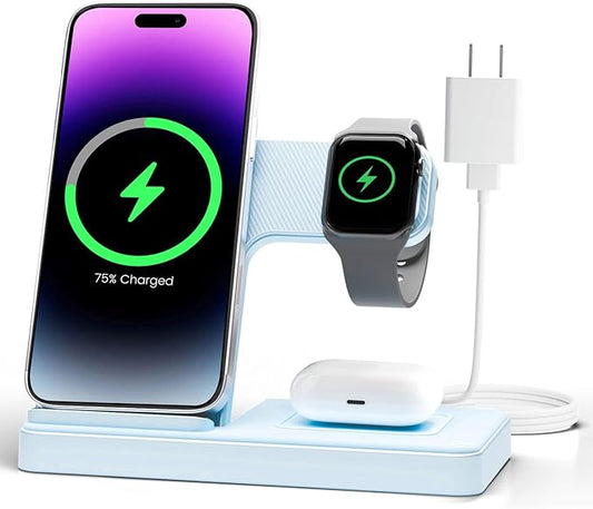 Wireless Charger Stand Charging Station: 3 in 1 Charger Stand Multiple Devices for Apple - iPhone 17 16e 16 15 14 Pro Max 13 12 - Watch 11 10 9 8 7 6 5 4 3 2 SE and Ultra Series-Airpods 4 3 Pro, Blue
