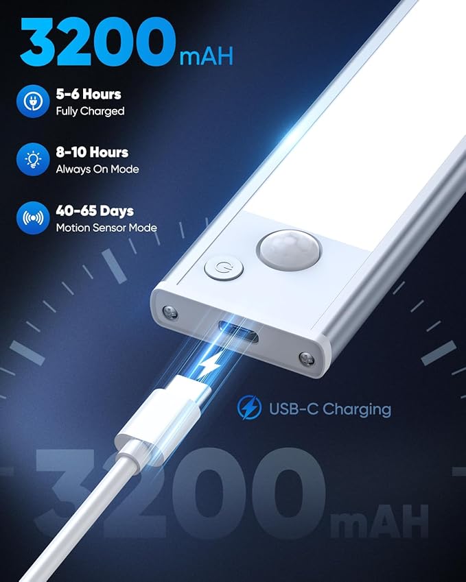 Under Cabinet Lights, 14'' LED Rechargeable Battery Operated Motion Activated Night Light Indoor, 3200mAh Magnetic Dimmable Closet Lights, 6500K Wireless Under Counter Light for Kitchen, Stair, 3 Pack