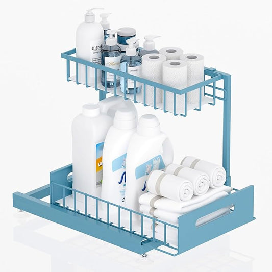 Under Sink Organizer Storage 2-Tier Premium Metal Pull-Out Kitchen Cabinet Organizer with Sliding Drawer, Height Adjustable, Heavy Duty for Kitchen & Bathroom Organizers 1 Pack Teal