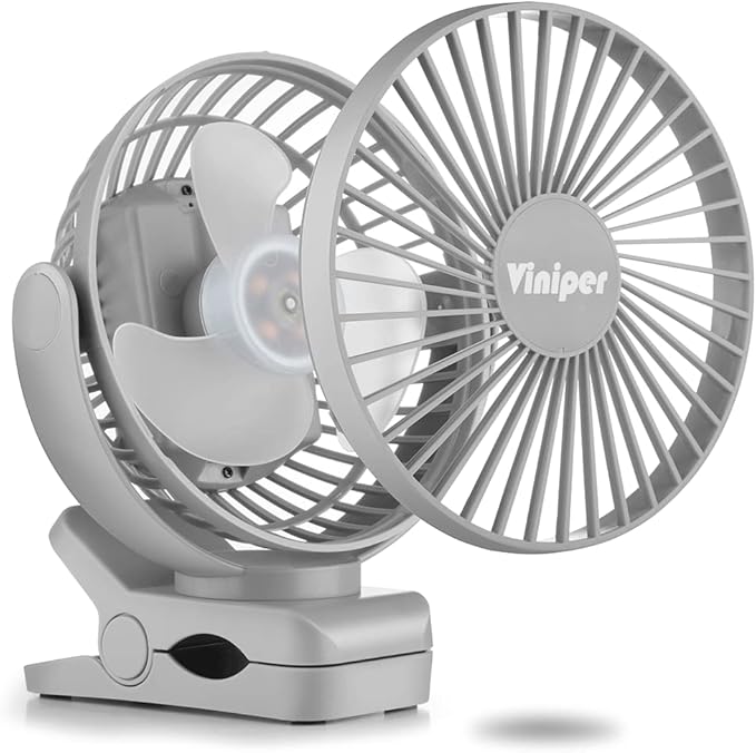 Viniper 6 inch Rechargeable Clip on Fan, 5000mah Battery Desk Fan : 360° Rotation & 3 Speeds Strong Wind Portable Fan, 8-30 Working Hours, Quiet and Powerful (Gray)