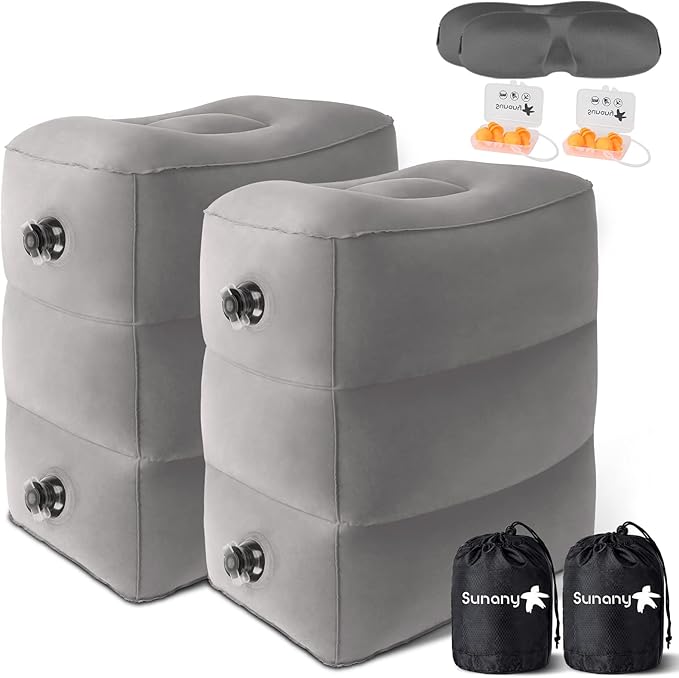 Sunany Inflatable Travel Foot Rest Pillow, Airplane Bed for Kids and Toddler, Adjustable Height Portable Elevating Leg, Trains, Cars, Home, Office (2 Pack)
