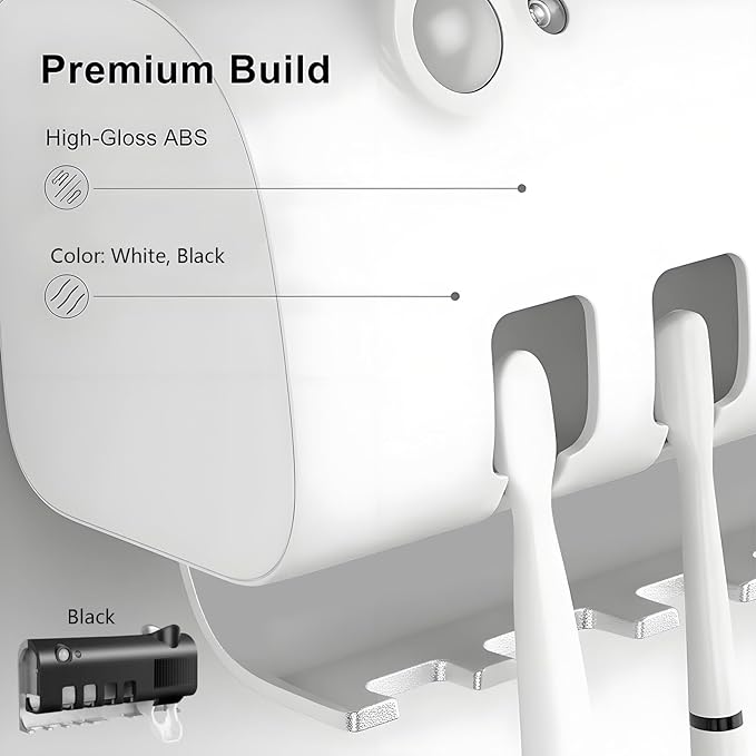 Toothbrush Holders, Electric Wall Mounted Toothbrush Holder with Toothpaste Dispenser, 4 Slots,No-Drill Mounting,Intelligent Sensing,Rechargeable, for Bathrooms,Hotels,Dormitories,RV (White)