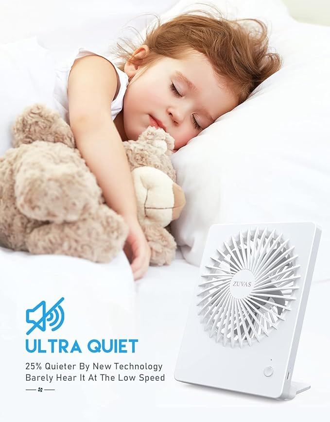 Zuvas Desk Fan Battery Operated Fan Rechargeable 180°Tilt Folding Personal Fan Ultra Quiet Small Portable 3 Speed Adjustable Strong Wind Fan For Office Bedroom Home Desktop Camping (White)