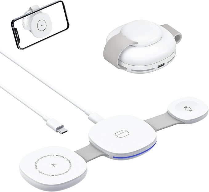 Wireless Charger iPhone Charging Station - 3-in-1 Magnetic MagSafe Charger Multiple Devices for Apple, 15W Fast Charging Foldable Travel Charging Pad for iPhone 17/16/15/14/13/12, AirPods, Watch White