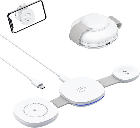 Wireless Charger iPhone Charging Station - 3-in-1 Magnetic MagSafe Charger Multiple Devices for Apple, 15W Fast Charging Foldable Travel Charging Pad for iPhone 17/16/15/14/13/12, AirPods, Watch White