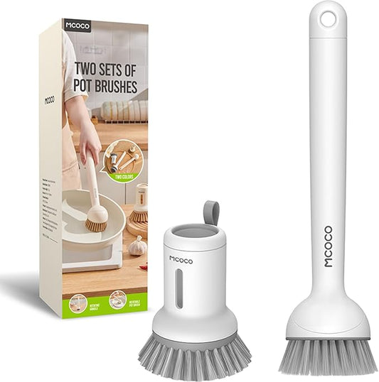 Dish Brush Set with Soap Dispensing Palm Brush Dish Scrub Brush with Soap Dispenser Palm Dish Brush Kitchen Cleaning Brush with Ergonomic Long Handle for Cleaning Sink, Pot, Pan, Stove, White