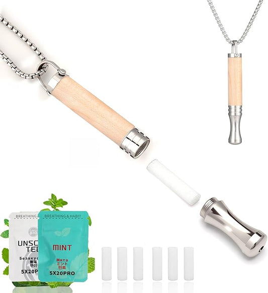 Anxiety Breathing Necklace with Resistance, Quit Smoking Necklace with Mint Filter, Quit Vaping Tool with Air Filter, Anxiety Relief Breathing Tool (Maple)