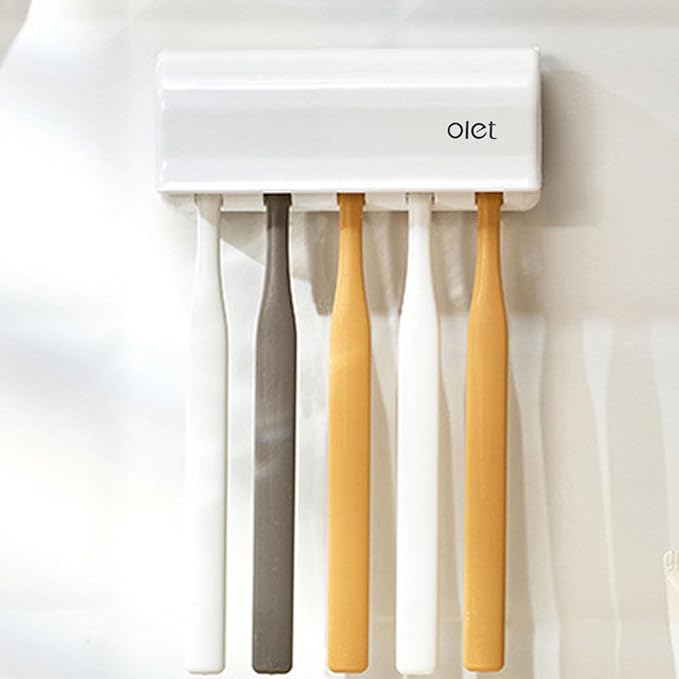 Toothpaste Dispenser Wall Mounted 5 Toothbrush Holder with Automatic Toothpaste Squeezer Dispenser Anti-dust Toothbrush Holder Bathroom Accessories for Kids (White 1Pack)