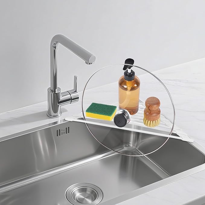 Triangular Sink Rack, Multi-Functional Rack Above the countertop, Foldable Sink Drying mat, Heat-Resistant, Non-Slip, and Rust-Proof Dish Rack (White)