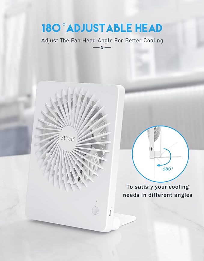 Zuvas Desk Fan Battery Operated Fan Rechargeable 180°Tilt Folding Personal Fan Ultra Quiet Small Portable 3 Speed Adjustable Strong Wind Fan For Office Bedroom Home Desktop Camping (White)