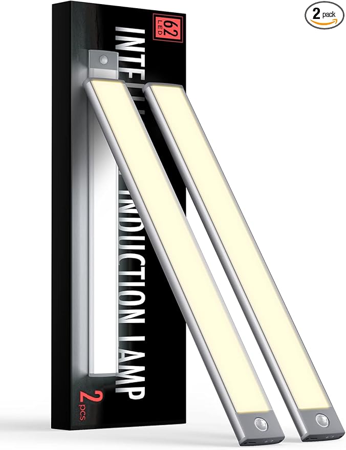 Under Cabinet Lights, Rechargeable Battery Operated Lighting, Wireless Motion Sensor Light Indoor,4 Modes Night Light, Stick-On Magnetic Closet Lights for Kitchen, Hallway(2 Pack 62LED Warm Light)