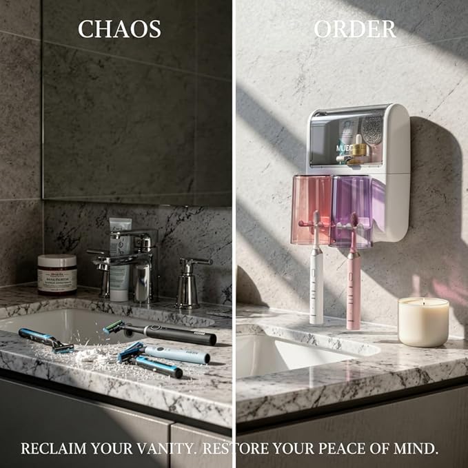 Wall Mount Toothbrush Holder with One-Touch Toothpaste Dispenser - 2 Secure Slot-in Inverted Cups, Hidden Top Storage Deck, Rental-Friendly Space-Saving Bathroom Organizer for Couples - Pro-Series