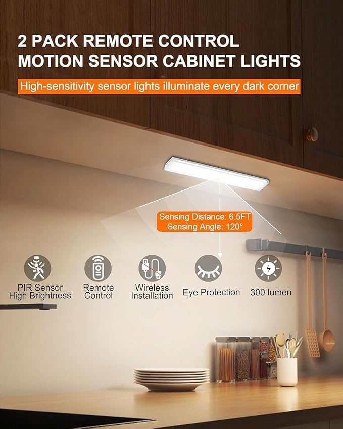 Under Cabinet Lights Wireless, 58-LED Rechargeable Motion Sensor Closet Lights with Remote Control, RGB Color Changing Under Counter Lights for Kitchen, Pantry, Bedroom, Stairs, 2 Pack