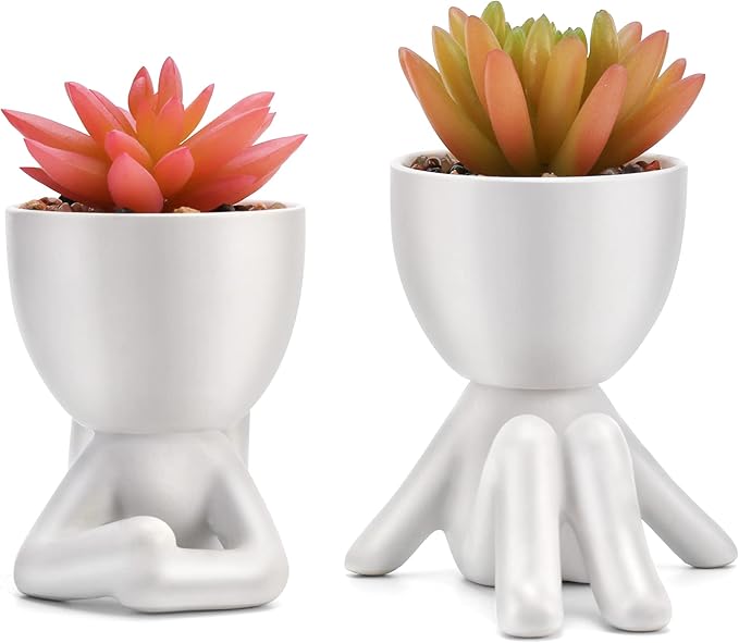 Fake Succulent, Mini Succulents Plants Artificial in White Modern Human Shaped Ceramic Pots Cute Pink Succulent for Office Decor for Women Girls, Desk Plant Cute Bathroom Decor 2PCS