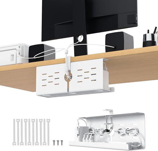 KEEGH 16'' Under Desk Cable Management Tray, No Drill Clamp/Screws Mount, Sturdy Metal Cable Tray for Place Power Strip, Cord Management Tray for Home Office, Gaming Desk, Standing Desk, 1 Pack, White