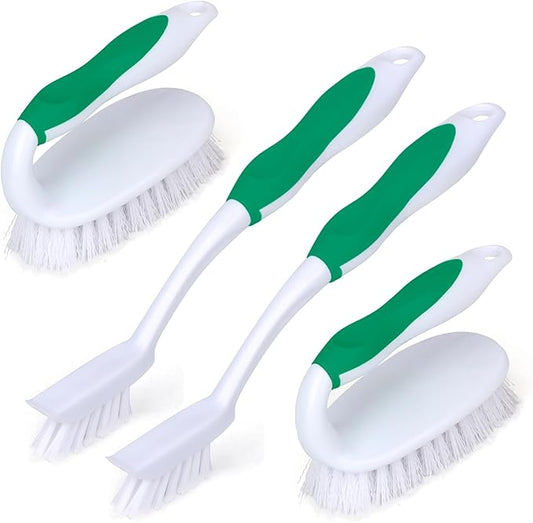 Scrub Brush Set, 4 Pack Deep Cleaning Brush Kit - 2 Scrub Brush, 2 Tile & Grout Brush with Built-in Scraper, Household Commercial Scrubber for Floor, Shower, Pool Wall, Tub (Green)