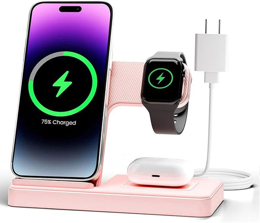Wireless Charger Stand Charging Station: 3 in 1 Charger Stand Multiple Devices for Apple - iPhone 17 16e 16 15 14 Pro Max 13 12 - Watch 11 10 9 8 7 6 5 4 3 2 SE and Ultra Series-Airpods 4 3 Pro, Pink