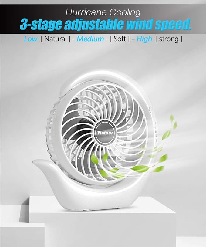 Viniper Portable Rechargeable Fan, Small Desk Fan : 3 Speeds & about 8-24 Hours Longer Working, 180 Rotation, Portable Desktop Fan Small but Mighty, Strong Wind (White, Light Black Blade)6.2 Inch