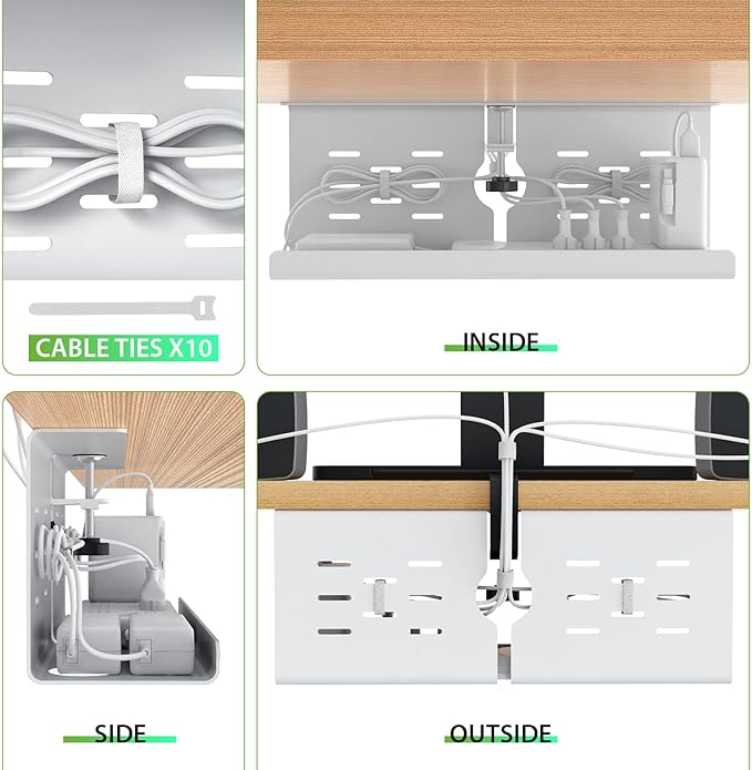 KEEGH 16'' Under Desk Cable Management Tray, No Drill Clamp/Screws Mount, Sturdy Metal Cable Tray for Place Power Strip, Cord Management Tray for Home Office, Gaming Desk, Standing Desk, 1 Pack, White