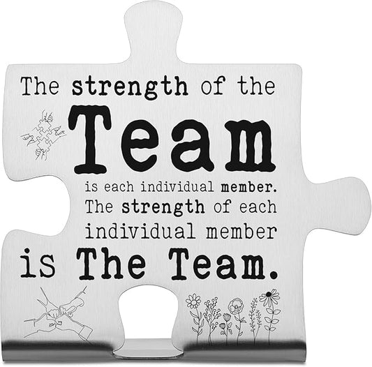 The Strength of the Team Puzzle Desk Sign for Coworkers Employees Friends, Engraved Stainless Steel Motivational Gift, Inspirational Office Decor Plaque for Team Unity and Recognition - FSD335