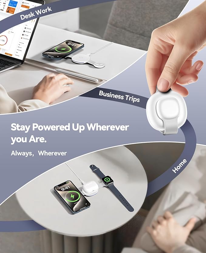 Wireless Charger iPhone Charging Station - 3-in-1 Magnetic MagSafe Charger Multiple Devices for Apple, 15W Fast Charging Foldable Travel Charging Pad for iPhone 17/16/15/14/13/12, AirPods, Watch White