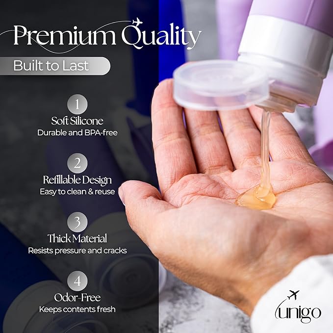 unigo Silicone Travel Bottles Set for Toiletries, Airplane Approved TSA Carry On Size, BPA Free Leakproof Refillable Squeeze Containers with Labels, Cleaning Brush and Covers (Purple)