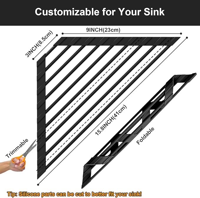 Triangular Sink Rack, Multi-Functional Rack Above the countertop, Foldable Sink Drying mat, Heat-Resistant, Non-Slip, and Rust-Proof Dish Rack (Black)
