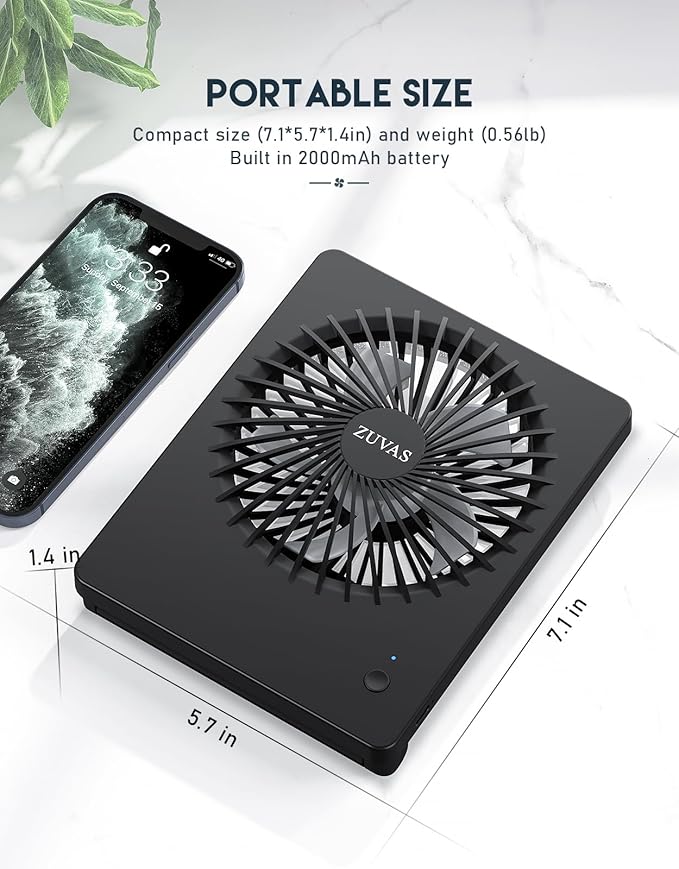 Zuvas Desk Fan Battery Operated Fan Rechargeable 180°Tilt Folding Personal Fan Ultra Quiet Small Portable 3 Speed Adjustable Strong Wind Fan For Office Bedroom Home Desktop Camping (Black)