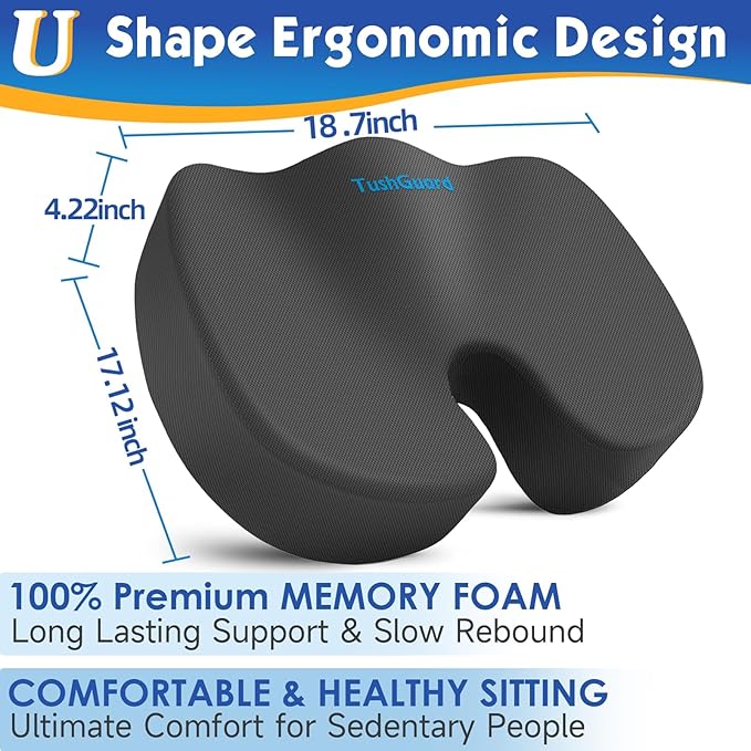 TushGuard Seat Cushion for Office Chair Memory Foam Non-Slip Cushion Back, Coccyx, Sciatica, Tailbone Pain Relief Butt Pillow for Office Chair, Car, Wheelchair, Grey, XX-Large
