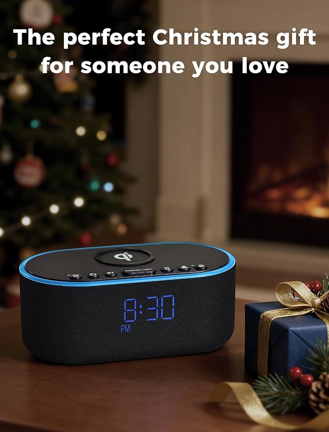 Wireless Charging Alarm Clock Radio: Qi Certified Fast Wireless Charger for iPhone Samsung - 10W Stereo Bluetooth Speaker - Dimmable Digital Clock with FM Radio for Bedroom Black