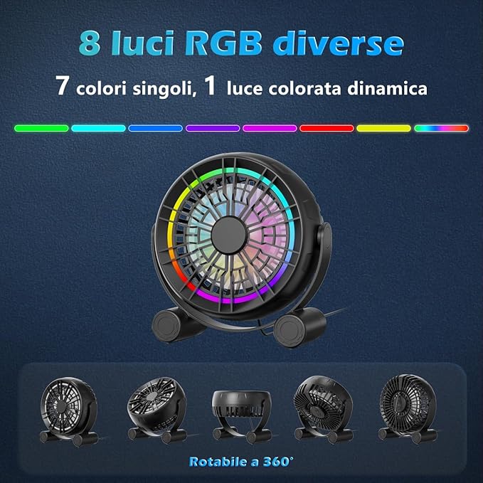 USB RGB Desk Fan - 3 Speeds Quiet Portable Table Fan, 8 Color LED Lights, 360° Rotation, Small Fan for Home Office Desktop Bedroom