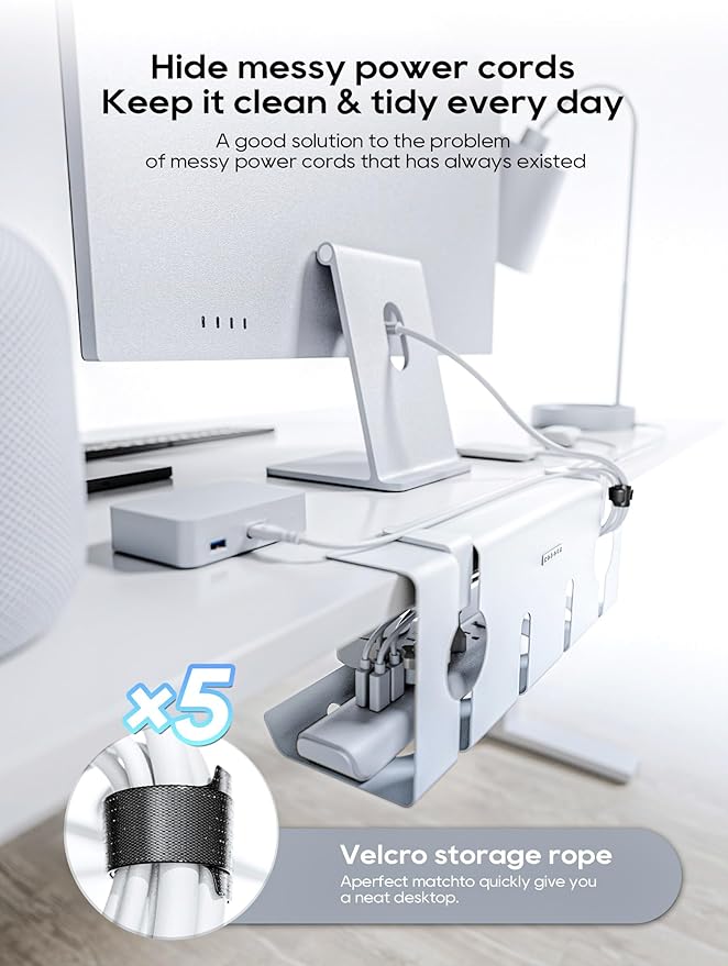 NODOCA No Drill Under Desk Cable Management Tray, 17'' Wire Management, Punch-Free Clamp on, Metal Cable Tray, Wire Organizer Under Desk, Under Dessk Basket for Office and Home, White