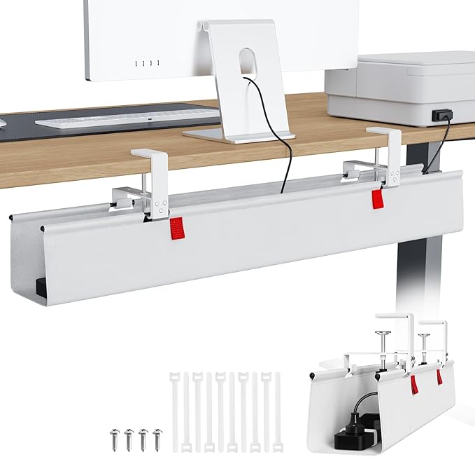 KEEGH Large 36" Under Desk Cable Management Tray - Under Desk Cord Organizer - Clamp/Screw Mount - Support Upto 70lbs - Wire Management - Gaming/PC Cable Tray - Cord Hiders for Office/Home, White