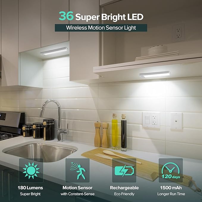 Under Cabinet Lights, Motion Sensor Closet Light, Rechargeable 1500mAh Battery Operated, 3 Modes 36 LED Lighting for Kitchen Counter Cabinet (1 Pack)