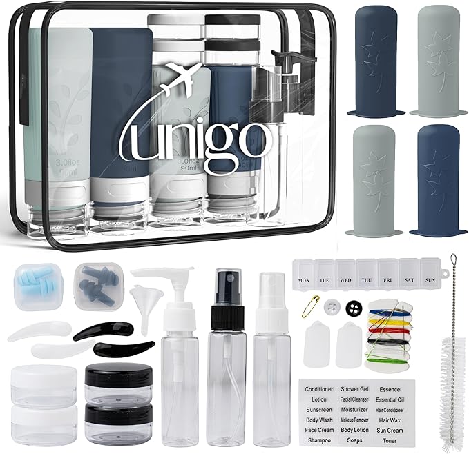 unigo Silicone Travel Bottles Set for Toiletries, Airplane Approved TSA Carry On Size, BPA Free Leakproof Refillable Squeeze Containers with Labels, Cleaning Brush and Covers (White and Black)