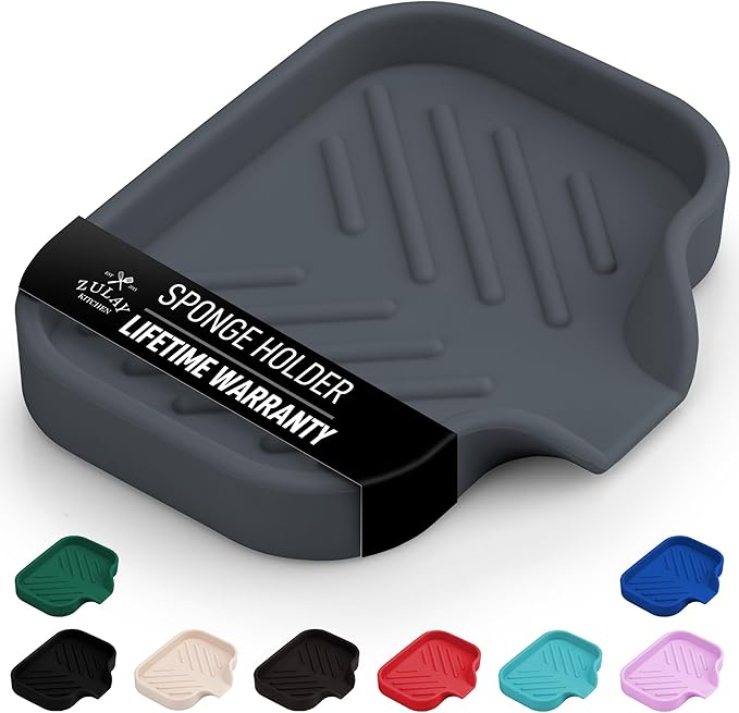 Zulay Kitchen Small Silicone Sponge Holder (4.9x3.3”) – Space-Saving Sink Organizer Tray for Sponge, Soap, Brush & More – Compact Non-Slip Dish for Kitchen & Bathroom (Grey)