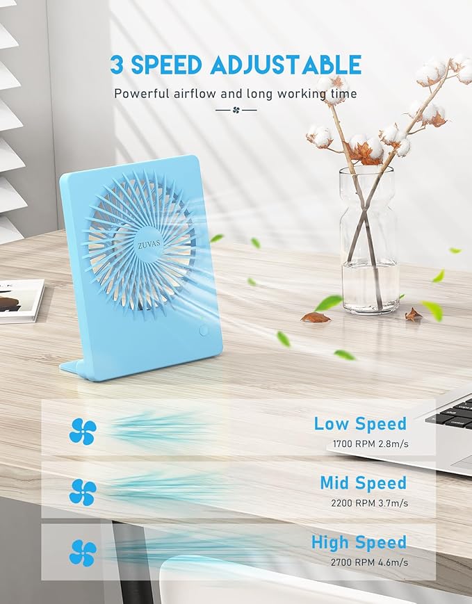 Zuvas Desk Fan Battery Operated Fan Rechargeable 180°Tilt Folding Personal Fan Ultra Quiet Small Portable 3 Speed Adjustable Strong Wind Fan For Office Bedroom Home Desktop Camping (Blue)