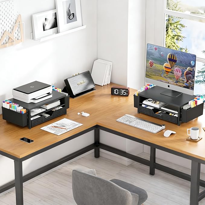 Wood Monitor Stand Riser, Laptop Stand for Desk, Office Desk Organizer and Accessories, Computer Desktop Shelf with Drawer and Pen Holder, Printer Stand for Home, Office, Dorm (Black Wood)