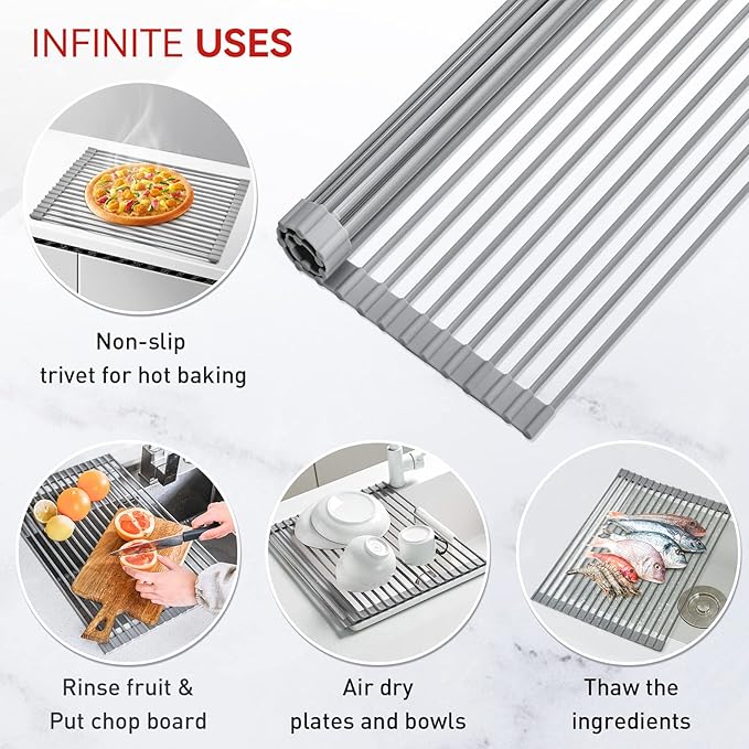 MERRYBOX Roll Up Over The Sink Dish Drying Rack Silicone Wrapped Foldable, Heat-Resistant, Anti-Slip Sink Rack Multipurpose Dish Drainer for Kitchen Sink Counter - Grey, 17.5" x 11"