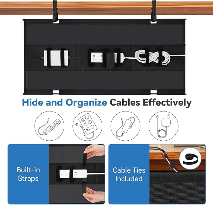 SHUWEI 48" Under Desk Cable Management Tray, Premium Fabric Cable Management for Desk, Clamp/Screw Mount Cable Tray for Office and Home, White