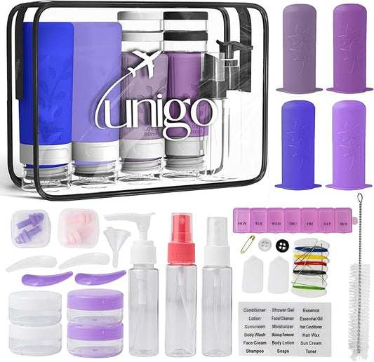 unigo Silicone Travel Bottles Set for Toiletries, Airplane Approved TSA Carry On Size, BPA Free Leakproof Refillable Squeeze Containers with Labels, Cleaning Brush and Covers (Purple)