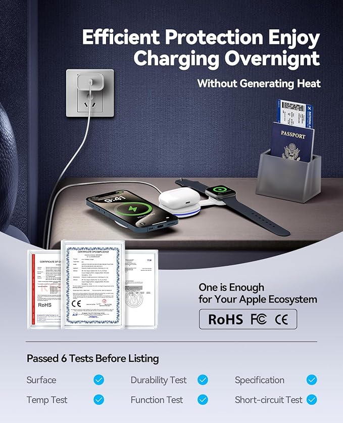 Wireless Charger iPhone Charging Station - 3-in-1 Magnetic MagSafe Charger Multiple Devices for Apple, 15W Fast Charging Foldable Travel Charging Pad for iPhone 17/16/15/14/13/12, AirPods, Watch White