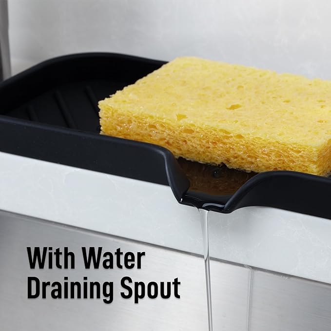 Zulay Kitchen Large Silicone Sponge Holder (12x4) – Flexible Sink Organizer Tray for Kitchen & Bathroom – Multipurpose Soap Dish for Sponges, Makeup, Trinkets & More (Black)