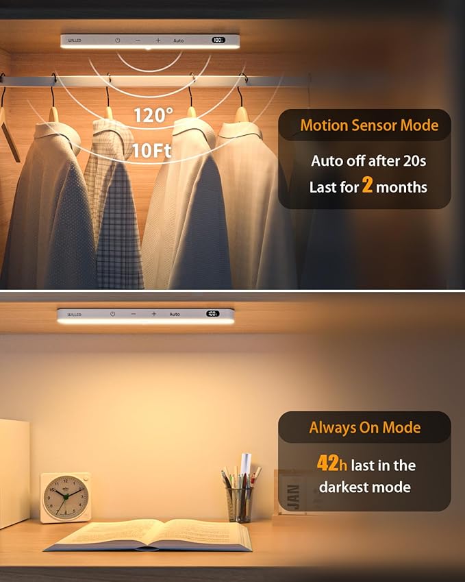 WILLED 3000K Closet Lights Motion Sensored, Battery Display, 60 LED Touch Light Bar, Motion Sensor Light Indoor, Under Cabinet Lights Rechargeable, Stick on Light for Closet, Kitchen, Hallway, 4 Pack